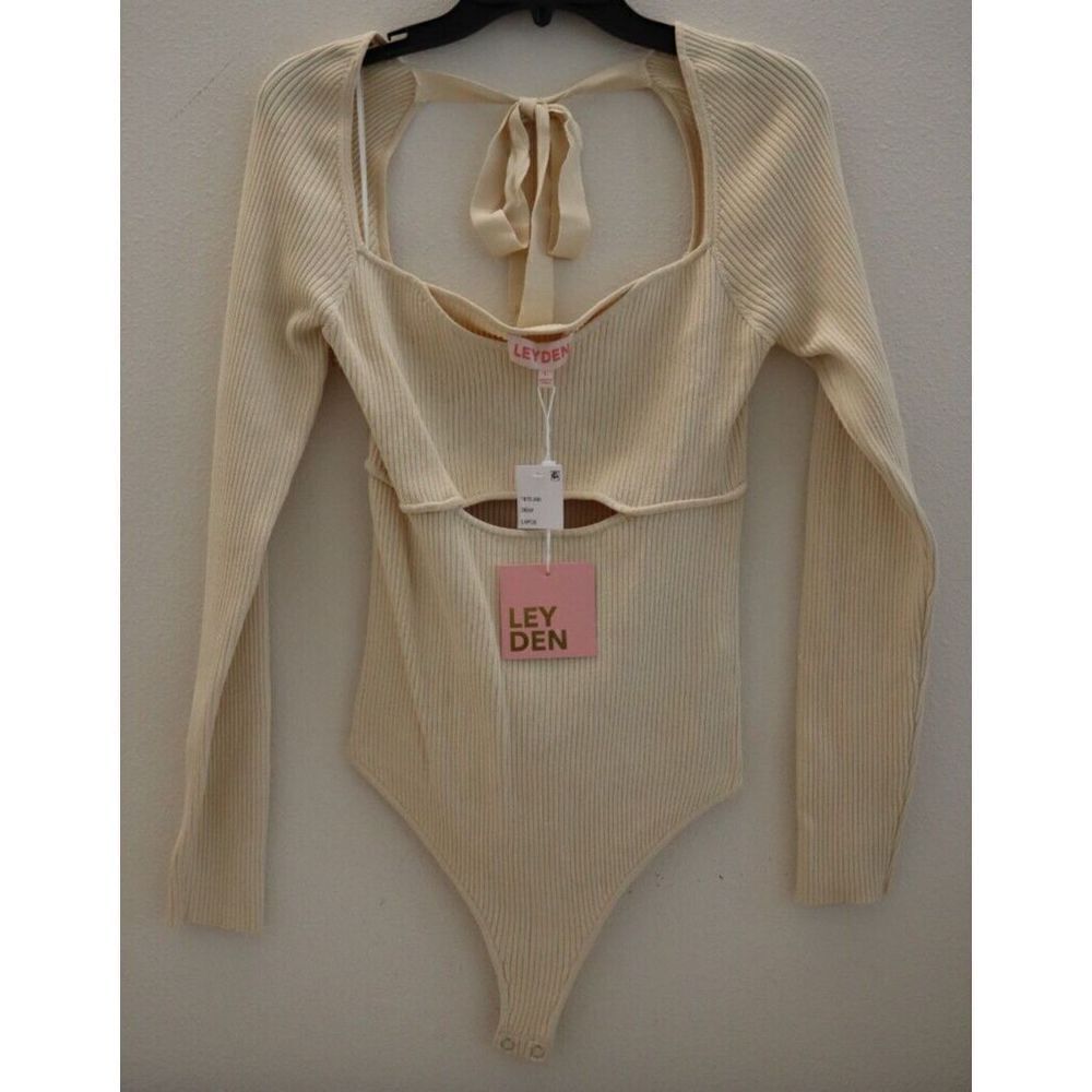 Leyden 1875LMA Women's Sz L Cream Ribbed Cutout Long Sleeve Thong Bodysuit $89+